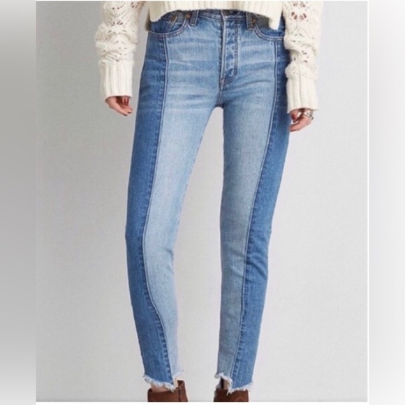 AMERICAN EAGLE OUTFITTERS AEO VINTAGE HI RISE BUTTON FLY RAW HEM 2 TONE JEANS 2 - Picture 2 of 3